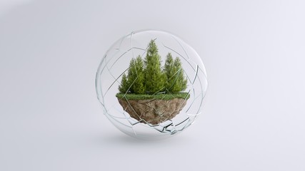 Piece of forest inside a broken cristal bubble, take care of the environment