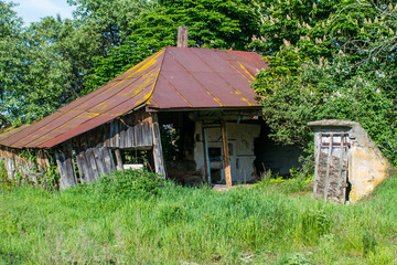 Abandoned house that does not belong to anyone in the middle of the thickets in the village is falling apart in summer