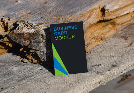 Horizontal Business Card on Wood Background Mockup