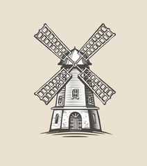 Windmill, mill logo or label. Farm, agriculture symbol. Sketch vector illustration © ~ Bitter ~