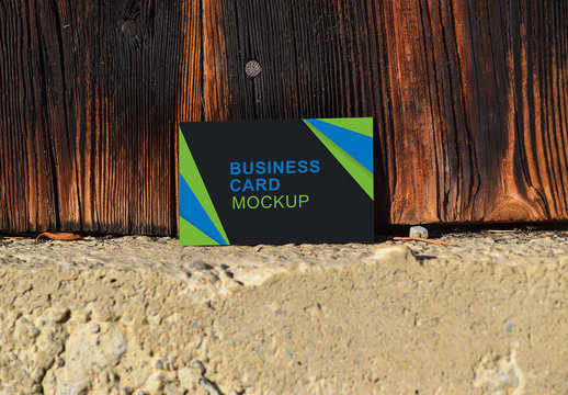 Horizontal Business Card on Outdoor Wooden Wall Mockup