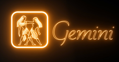 Gemini Zodiac Symbol With Orange Neon Lights Isolated On The Black Background - 3D Illustration