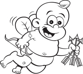 Black and white illustration of happy baby cupid with a bow and arrows.