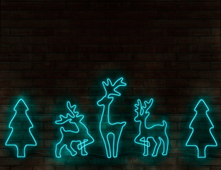 Neon lamps in the form of deer and Christmas trees on a brick wall. Figures are made in a graphic editor.
