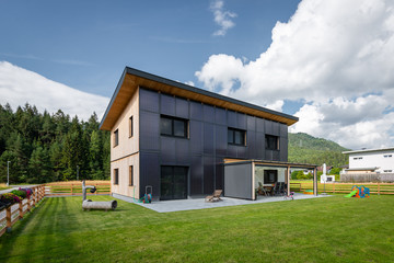 sustainable autarkic sun solar house with plant front