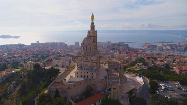 Drone shot of Notre Dame Cathedral in Marseille, France