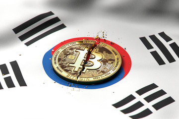 Cracked Bitcoin coin on South Korean flag. Bad Bitcoin condition in South Korea concept. 3D Rendering