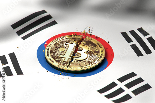 Cracked Bitcoin Coin On South Korean Flag Bad Bitcoin Condition In - 