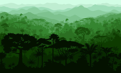 Vector horizontal seamless tropical rainforest Jungle forest background - obrazy, fototapety, plakaty