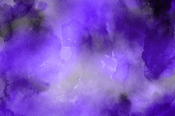 Violet ink and watercolor textures on white paper background. Paint leaks and ombre effects. Hand painted abstract image.