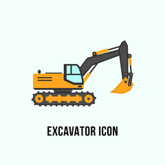 Excavator icon in flat style. Construction equipment illustration