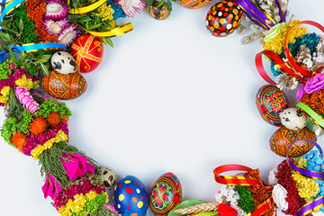 willow Sunday background of willow branches, willow bouquets. Easter top view. place for text