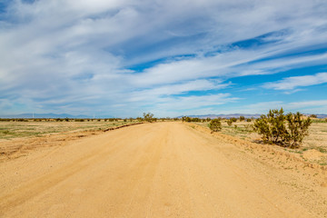 Looking along a dusty road in the Californian Desert