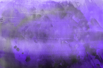 Violet ink and watercolor textures on white paper background. Paint leaks and ombre effects. Hand painted abstract image.