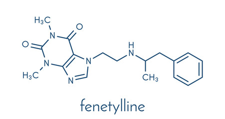 Fenetylline (fenethylline) stimulant drug molecule. Skeletal formula.