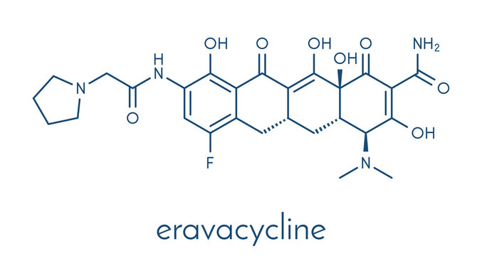 Eravacycline antibiotic drug molecule (tetracycline class). Skeletal formula.