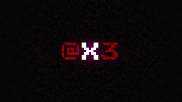 Intentional digital artifact injection fx animation, decoding a noisy scambled 8-bit text: xxx.