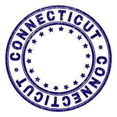 CONNECTICUT stamp seal imprint with distress texture. Designed with round shapes and stars. Blue vector rubber print of CONNECTICUT label with grunge texture.