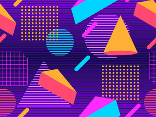 Retro futurism seamless pattern. Geometric elements memphis in the style of 80's. Synthwave retro background. Retrowave. Vector illustration