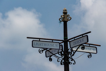 Nice, vintage, old colonial style street sign at the entrance to Galle Fort, Sri Lanka. Four direction street sign.