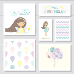 Cute cartoon birthday cards and templates set.