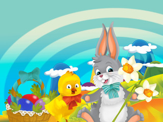 cartoon happy easter rabbit and little chicken with beautiful flowers and easter basket full of eggs on nature spring background - illustration for children