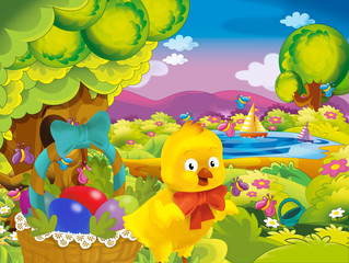 cartoon spring nature background of park and easter chicken with basket full of eggs - illustration for children