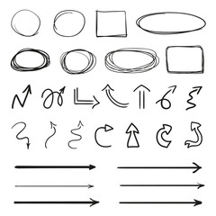 Infographic elements on isolation background. Hand drawn frames and arrows on white. Abstract frameworks. Line art. Set of different shapes. Black and white illustration. Sketchy doodles for artwork