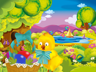 cartoon spring nature background of park and easter chicken with basket full of eggs - illustration for children