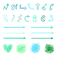 Hand drawn colored shapes on white. Abstract frameworks and arrows. Line art. Set of different signs. Colorful illustration. Doodles for artwork