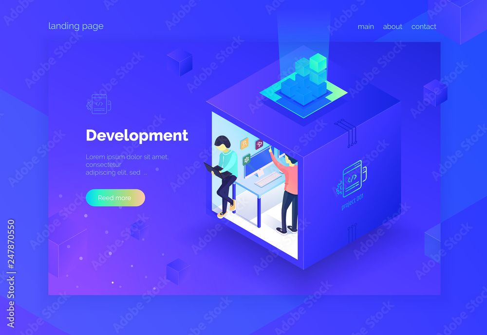 Poster web application development. teamwork. a group of people in the work process. landing page. vector i