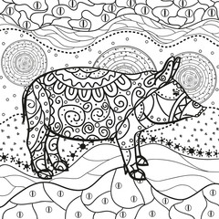 Ornate wallpaper with pig. Hand drawn waved ornaments on white. Abstract patterns on isolated background. Design for spiritual relaxation for adults. Line art. Black and white illustration