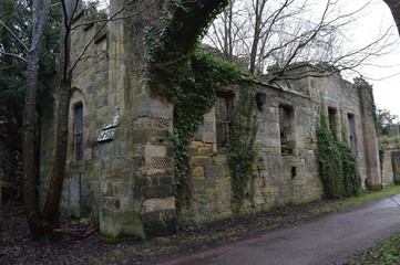 The striking ruins of Crawford Priory, Springfield, Cupar, Fife, extended in early 19th century.