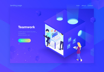 Teamwork. A group of people in the work process. Landing page. Project work. Vector illustration of an isometric style on an ultraviolet background.