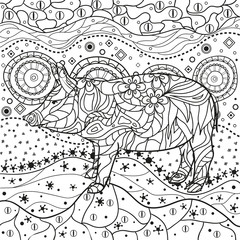 Ornate square wallpaper with pig. Hand drawn waved ornaments on white. Abstract patterns on isolated background. Design for spiritual relaxation for adults. Line art. Black and white illustration