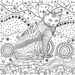 Abstract asian pattern with cat on isolated white. Hand drawn abstract patterns on isolation background. Design for spiritual relaxation for adults. Black and white illustration