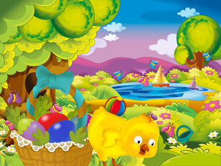 Obraz na płótnie Canvas cartoon spring nature background of park and easter chicken with basket full of eggs - illustration for children