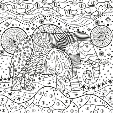 Abstract eastern pattern. Elephant on square mandala. Hand drawn animal with tribal patterns on isolation background. Design for spiritual relaxation for adults. Black and white illustration