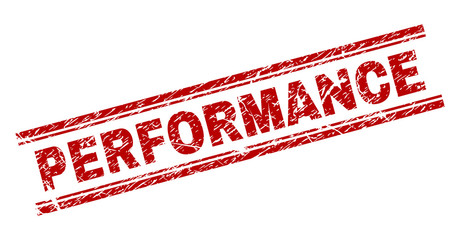 PERFORMANCE seal print with grunge texture. Red vector rubber print of PERFORMANCE label with dust texture. Text label is placed between double parallel lines.