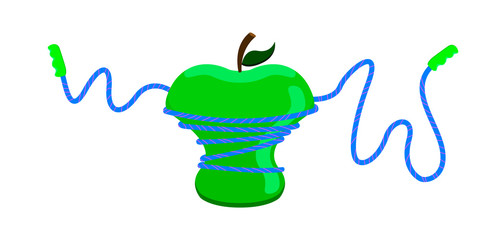 Green apple with a rope around. Fitness concept. Vector illustration design