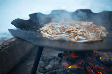 Cooking fish in a flat pan on the bonfire outdoor of winter.