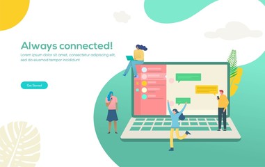 Obraz premium People chatting with group in social media with smartphone and laptop, online chat vector illustration concept, can use for, landing page, template, ui, web, mobile app, poster, banner, flyer