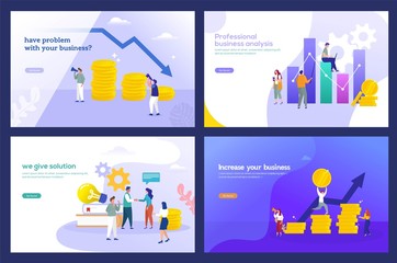 Obraz na płótnie Canvas set of business analysis template with coin stack and character, people analytic financial company, company consulting their financial problem, , can use, ui, web, mobile app, poster,