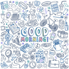 Good morning and breakfast doodles set. Hand drawn vector illustration isolated on white background.