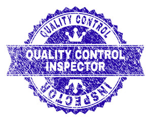 QUALITY CONTROL INSPECTOR rosette stamp watermark with grunge texture. Designed with round rosette, ribbon and small crowns.