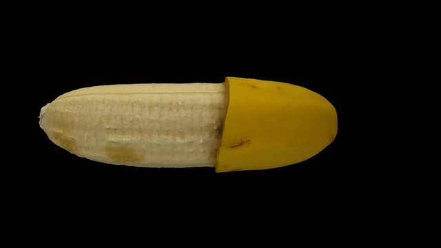 Realistic render of a rotating half peeled banana (Cavendish variety) on transparent background (with alpha channel). The video is seamlessly looping, and the object is 3D scanned from a real banana.