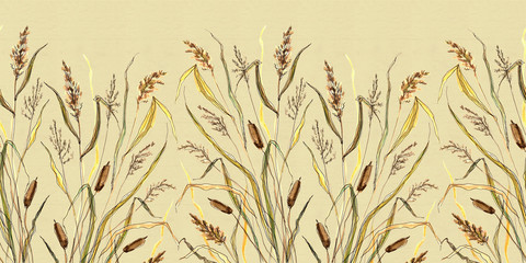 Seamless Border of sketching grass Typha on yellow beige background © Dina Guiter