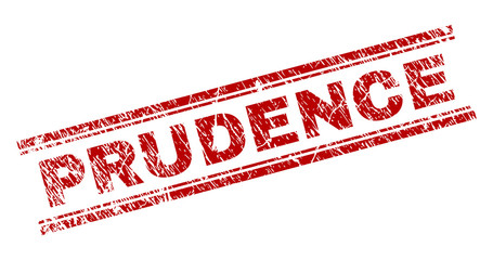 PRUDENCE seal watermark with grunge effect. Red vector rubber print of PRUDENCE text with scratched texture. Text title is placed between double parallel lines.