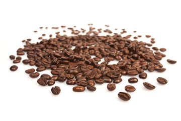 Several coffee beans on a white background