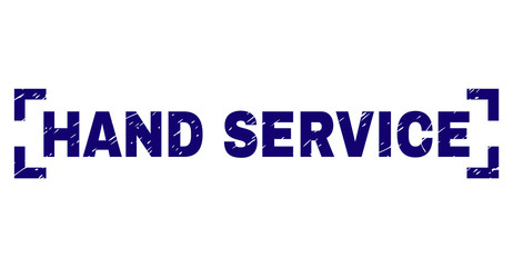 HAND SERVICE text seal print with grunge style. Text caption is placed inside corners. Blue vector rubber print of HAND SERVICE with retro texture.